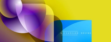 Soyut renkli şekiller örtüşür, dinamik görsel efekt yaratır. Sarı sağ tarafı, mor solu domine eder. Modern tasarım elemanları.
