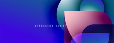 Soyut gradyan özellikler üst üste binen daireler, pembe, mavi renkler. Metin, arkaplan dizaynının şekillerin altında olduğunu okur. Modern görsel kompozisyon.