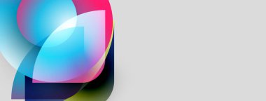 Soyut şekiller örtüşür, canlı renk karışımları yaratır. Yumuşak eğimler hareketi, ışık etkileşimini önerir. Minimalist tasarım, temiz estetik.