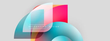 Soyut şekiller örtüşüyor, canlı gradyanlar yaratıyor. Modern tasarım düz kıvrımlar, pembeler, maviler, şeffaflık içerir. Minimalist arkaplan.