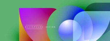 Soyut renkli şekiller yeşil arka planla örtüşüyor. Metin arka plan tasarımı okur. Modern görsel sunum, canlı renkler.