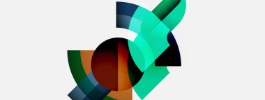 Soyut şekiller örtüşür, dinamik bileşim yaratır. Teal, kahverengi, donanma nötr arka plana hakim. Modern tasarım elemanları.