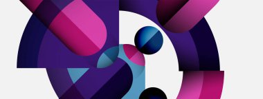 Üst üste binen şekiller, canlı mor renkler ve beyaz boşluklar içeren soyut kompozisyon. Modern tasarım, dinamik biçimler görsel ilgi yaratır.