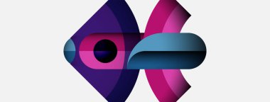 Soyut tasarım özellikleri üst üste binen şekiller, canlı renkler. Mor, pembe, mavi dinamik kompozisyon yaratır. Modern, minimalist estetik.