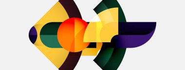 Soyut kompozisyon. Üst üste binen renkli şekiller, dinamik görsel ilgi yaratır. Parlak renkler koyu tonlarla tezat oluşturur. Modern tasarım.