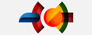 Soyut renkli şekiller örtüşür, dinamik görsel kompozisyon yaratır. Parlak renkler enerji, hareket, modern tasarım.