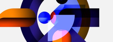 Soyut kompozisyon. Üst üste binen şekiller, canlı renkler, modern tasarım. Minimalist estetik, geometrik biçimler, dinamik etkileşim.