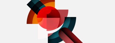 Soyut geometrik şekiller örtüşür, dinamik bileşim yaratır. Kırmızı, turuncu, deniz mavisi renkleri beyaz arkaplana hakim. Modern tasarım elemanları.