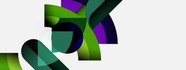 Soyut şekiller örtüşür, dinamik bileşim yaratır. Yeşiller ve morlar tarafsız bir arkaplan oluşturur. Modern tasarım elemanları.