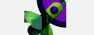 Canlı yeşillikler ve morlar içeren soyut bir kompozisyon. Üst üste binen şekiller dinamik görsel ilgi yaratıyor, modern estetik..