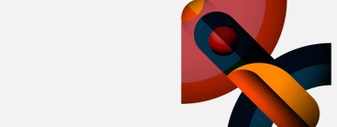 Soyut şekiller örtüşür, dinamik bileşim yaratır. Kırmızı küre renkli kurdeleler, modern tasarım elementi.