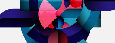 Soyut kompozisyon. Geometrik şekiller örtüşür, canlı renk karışımları yaratır. Maviler, pembeler, kırmızılar dizaynın hakimi. Modern estetik.