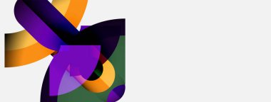 Soyut şekiller örtüşür, canlı renk karışımları yaratır. Mor, turuncu, yeşil renkler kompozisyona hakim. Minimalist tasarım, modern estetik.