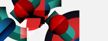 Kırmızı küreler, deniz mavisi şekilleri, koyu mavi elementler içeren soyut bir bileşim. Geometrik şekilli minimalist tasarım, temiz estetik..