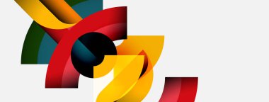 Soyut renkli şekiller örtüşür, dinamik bileşim yaratır. Beyaz arka planda parlak renklerin karşıtlığı. Modern tasarım elemanları.