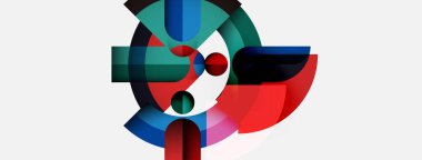 Soyut geometrik bileşim. Çemberler, kareler, dikdörtgenler kesişir ve dinamik görsel efekt yaratır. Renkler arasında kırmızı, mavi, yeşil.