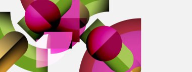 Soyut kompozisyon, üst üste binen daireler, kıvrımlar, canlı renkler. Pembe, yeşil, kestane rengi beyaz arka plana hakim. Modern tasarım elemanları.