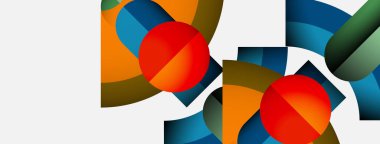 Soyut geometrik bileşim. Üst üste binen şekiller, canlı renkler, modern tasarım. Kırmızı daireler mavi ve turuncu renklerde göze çarpar..