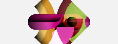 Soyut kompozisyonda üst üste binen renkli kurdeleler, şekiller var. Dinamik tasarım hareketi, enerjiyi, modern estetiği çağrıştırıyor. Beyaz arkaplanda parlak renkler karşıtlığı.