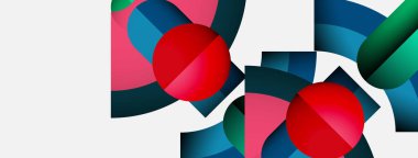 Üst üste binen renkli şekiller, daireler, dikdörtgenler içeren soyut bir kompozisyon. Minimalist tasarım beyaz arkaplana karşı canlı renklerle.