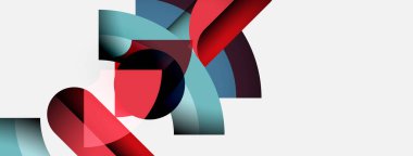 Soyut şekiller örtüşür, dinamik bileşim yaratır. Kırmızı, mavi renkler beyaz arkaplana hakim. Modern tasarım, sıvı formlar mevcut.