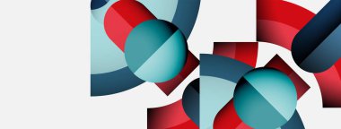 Üst üste binen daireler, dikdörtgenler içeren soyut bir kompozisyon. Kırmızı, mavi, deniz mavisi renkleri beyaz arkaplana hükmediyor. Modern tasarım elemanları.