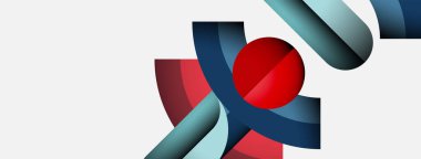 Soyut tasarım kıvrımlı kurdeleler, kırmızı küre içerir. Minimalist kompozisyon serin ve sıcak tonlarda kullanılır. Temiz çizgiler dinamik görsel etki yaratır.