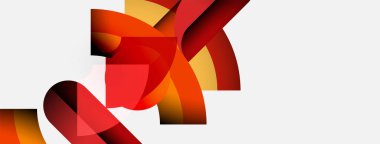 Soyut şekiller örtüşür, dinamik bileşim yaratır. Beyaz arka planla çelişen sıcak renkler baskın gelir. Modern tasarım elemanları.