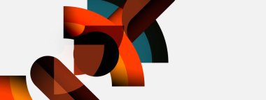 Soyut şekiller örtüşür, dinamik bileşim yaratır. Sıcak renkler baskın gelir, serin tonlarla zıtlaşır. Minimalist tasarım, modern estetik.