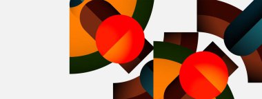 Soyut geometrik bileşim. Turuncu, kahverengi, yeşil şekiller kırmızı dairelerle kesişiyor. Minimalist tasarım, modern estetik.