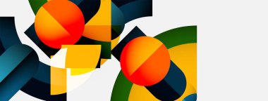 Soyut geometrik bileşim. Turuncu daireler renkli şekillerle örtüşüyor. Modern tasarım, temiz çizgiler, canlı palet. Minimalist estetik.