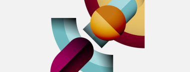 Soyut şekiller örtüşür, dinamik bileşim yaratır. Sıcak, serin renkler harmanlanır, hareket, derinlik izlenimi uyandırır. Minimalist tasarım, modern estetik.