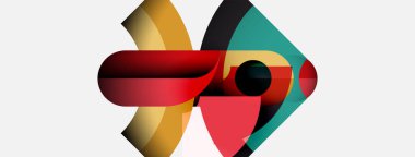 Soyut geometrik şekiller örtüşür, dinamik bileşim yaratır. Kırmızı, deniz mavisi, altın renkleri beyaz arkaplana hakim. Modern tasarım ögesi.