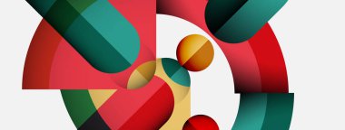 Üst üste binen kıvrımlı şekiller içeren soyut bileşim. Kırmızı, yeşil, altın renkleri beyaz arkaplana hakim. Modern tasarım, basit geometri.