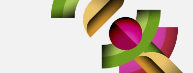 Soyut tasarım renkli kurdele ve küre içerir. Şekiller dinamik bileşim oluşturur. Minimalist tarz, temiz arkaplan.