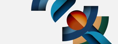 Soyut tasarım, akan kurdele ve küre içerir. Renkler arasında mavi, turuncu, yeşil, beyaz var. Modern, dinamik kompozisyon.