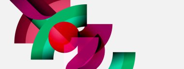 Soyut tasarım canlı mor, yeşil renkler içerir. Kırmızı küre akış şekillerini kesiştirip dinamik bileşim oluşturuyor. Minimalist estetik.