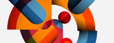 Üst üste binen kıvrımlı şekiller içeren soyut bileşim. Turuncu, mavi, kırmızı renkler tasarımda baskın. Minimalist tarz, modern estetik.