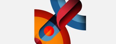 Soyut tasarım renkli kurdeleler, daireler içerir. Şekiller örtüşüyor ve dinamik görsel etki yaratıyor. Modern estetik, basit arkaplan.