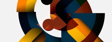 Soyut kompozisyon. Geometrik şekiller örtüşür, dinamik görsel efekt yaratır. Renkler arasında turuncu, sarı, mavi, kahverengi, beyaz sayılabilir. Modern tasarım.