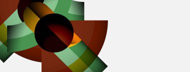 Soyut geometrik şekiller örtüşür, dinamik bileşim yaratır. Renkler arasında yeşiller, kahverengiler, altınlar, beyaz arka plana karşı. Modern tasarım.