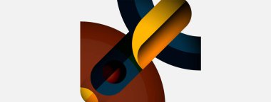 Soyut şekiller örtüşür, dinamik bileşim yaratır. Sıcak renkler serin renkleri karşılar. Minimalist tasarım modern estetiği çağrıştırıyor.