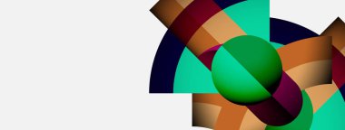 Soyut geometrik bileşim. Üst üste binen renkli şekiller, dinamik görsel ilgi yaratır. Canlı renklere sahip modern tasarım.