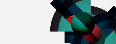 Soyut geometrik bileşim. Şekiller örtüşüyor, dinamik görsel ilgi yaratıyor. Teal, kırmızı, siyah renkler tasarımda baskın. Modern estetik.