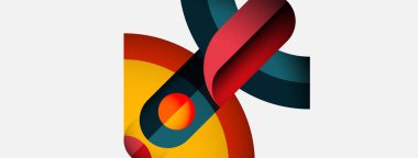 Soyut tasarım katmanlı kurdeleler, dairesel elementler içerir. Renkler kırmızı, deniz mavisi, altın, siyah. Minimalist kompozisyon, modern estetik.