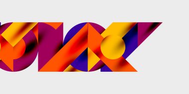 Soyut geometrik şekiller örtüşüyor, canlı renk eğimleri yaratıyor. Kompozisyonda koyu arkaplana karşı turuncu, mor, sarı renkler yer almaktadır.