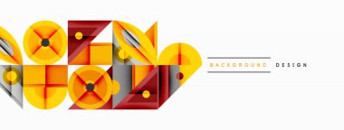 Soyut geometrik şekiller, canlı renkler, modern tasarım elementleri. Turuncu, sarı, kahverengi renkler dinamik kompozisyon oluşturur. Minimalist stil.