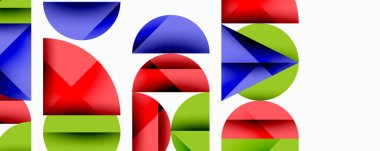 Soyut geometrik şekiller çakışıyor, renkli görsel desenler oluşturuyor. Mavi, kırmızı, yeşil renkler kompozisyona hakim. Modern tasarım elemanları.