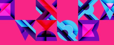 Soyut geometrik bileşim. Canlı pembe arka plan, mavi ve mor şekilleri barındırır. Modern tasarım, keskin açılar, dinamik görsel etki.