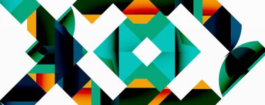 Soyut geometrik desen. Teal, turuncu, beyaz şekiller simetrik tasarım yaratır. Modern dijital resimleme.